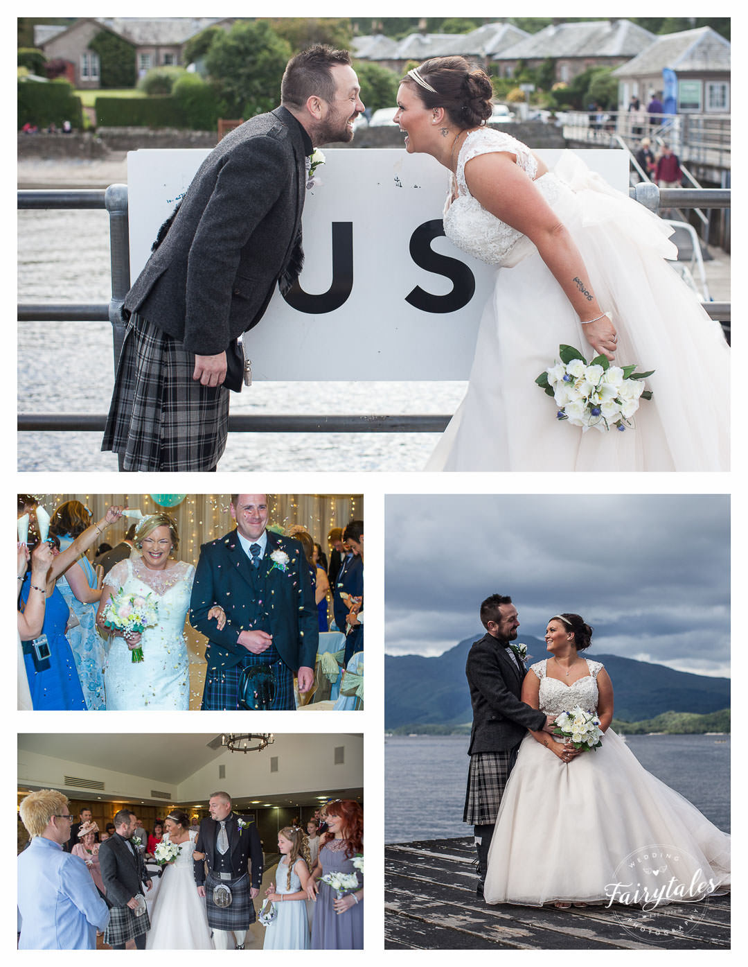 Bride and groom on luss Standing next to Luss loch lomond sign
