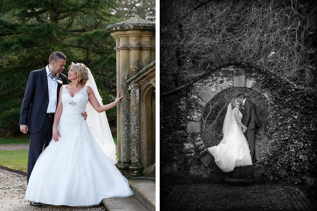 Bride and groom in wall garden ross priory loch lomond 