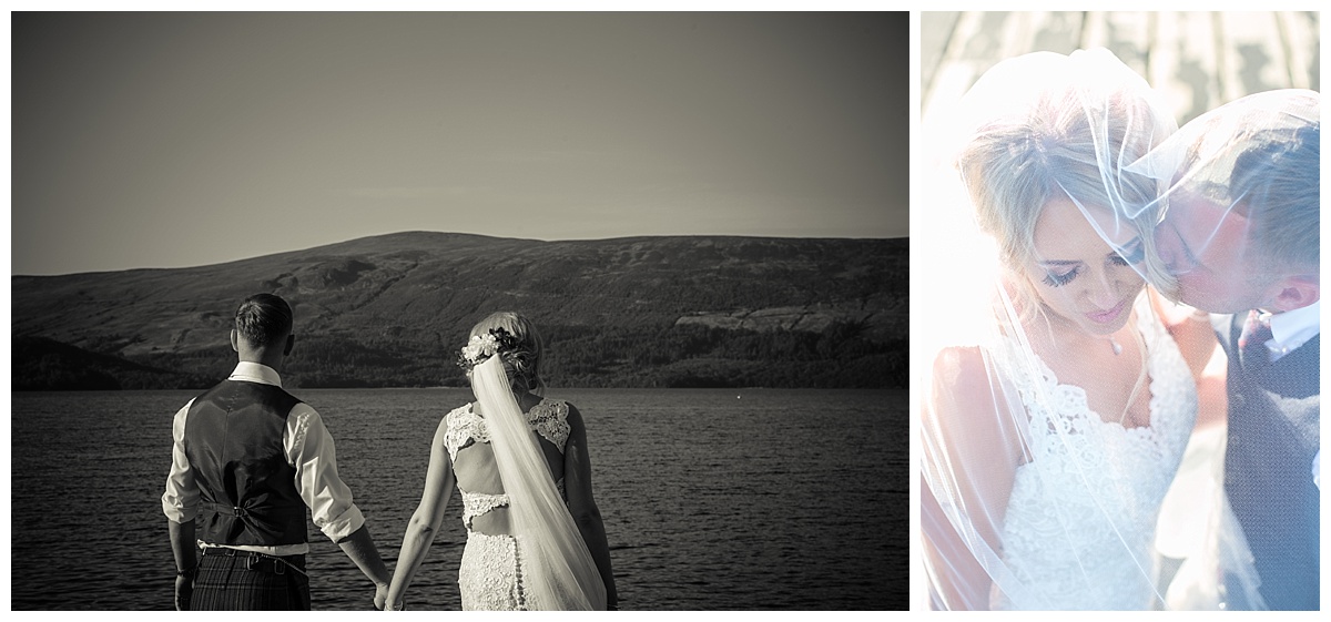 Bride and groom looking at mountains on the Luss peir loch lomond