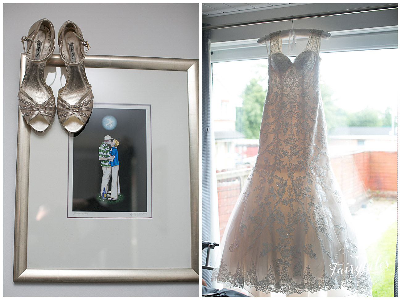 Wedding dress and shoes hanging 