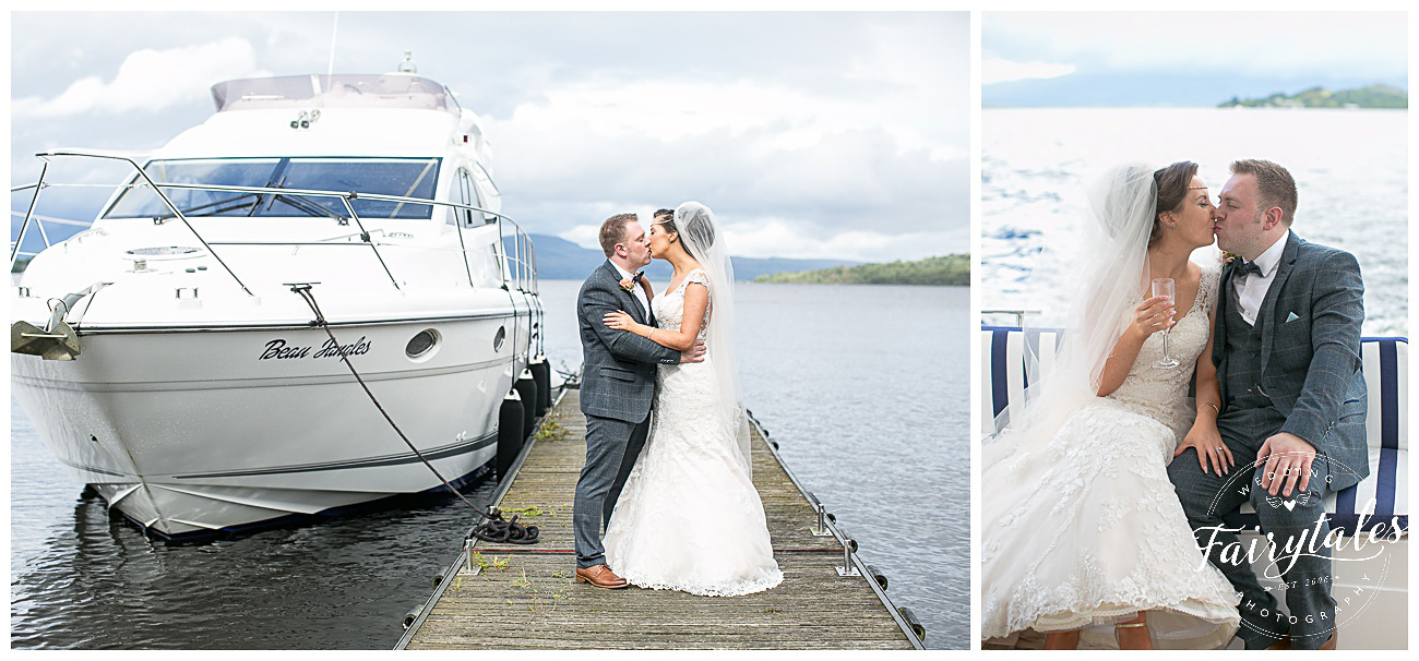 Bride and groom kissing on the boat next to Loch Lomond