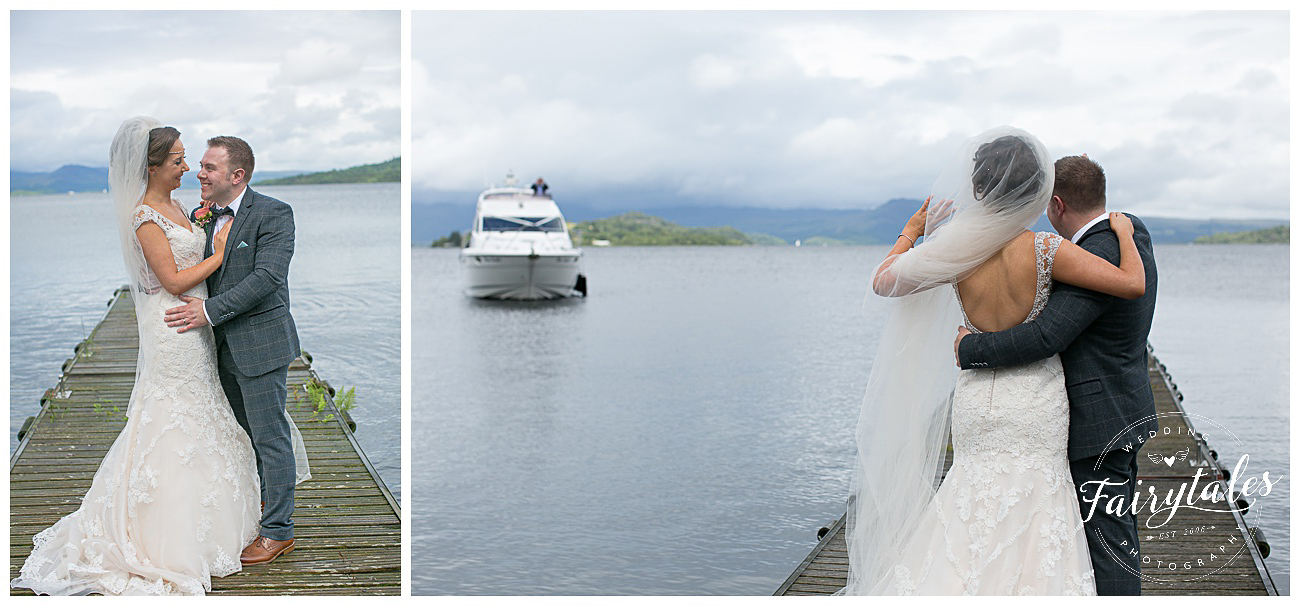Bride and groom saying bye-bye to the boat leaving cruin pier