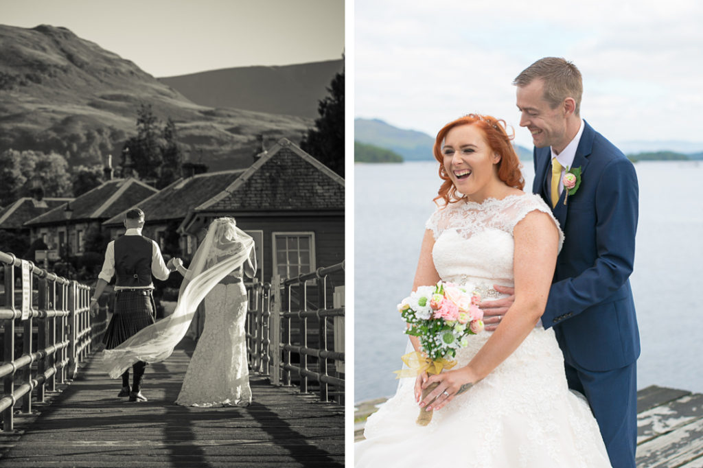 Bride and groom luss pier laughing